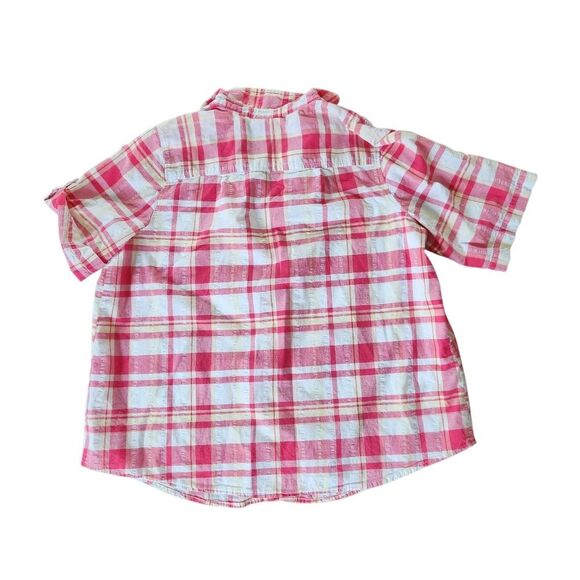 Woman Within Plaid Shirt 1X 22 24 Pink White Yellow Short Sleeve Roll Tab Check - Picture 6 of 9